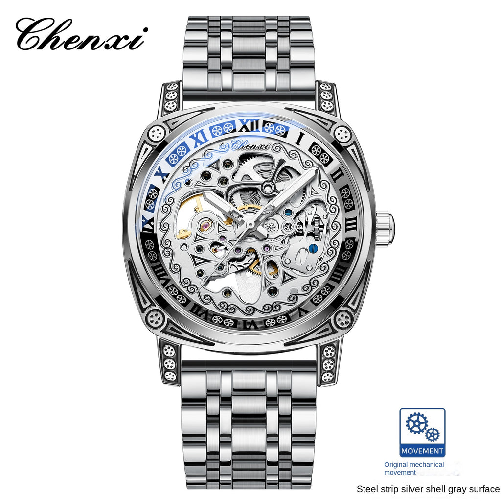 Dress: Vintage Engraved Mechanical Watch Men's Leather Waterproof Hollow-Out Fashion Style Men's Watch