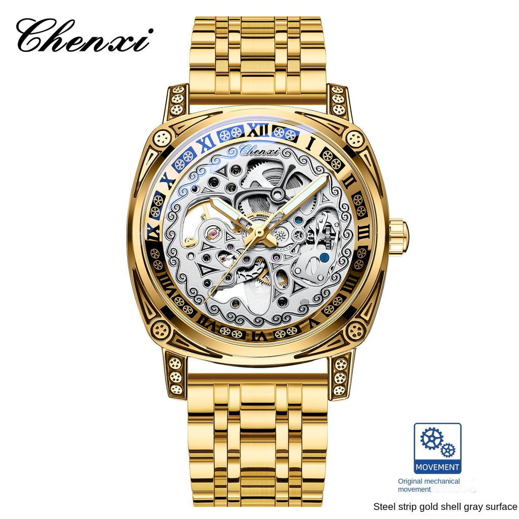 Dress: Vintage Engraved Mechanical Watch Men's Leather Waterproof Hollow-Out Fashion Style Men's Watch