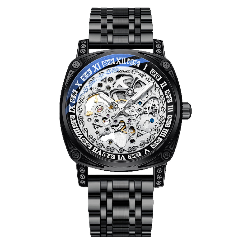 Dress: Vintage Engraved Mechanical Watch Men's Leather Waterproof Hollow-Out Fashion Style Men's Watch