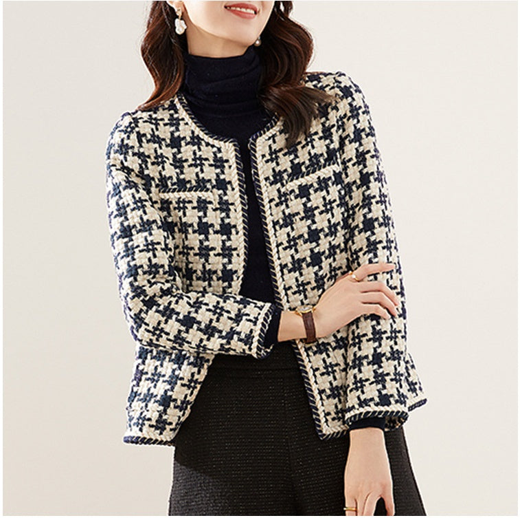 جاكيت نسائي قصير بنقشة مربعات Houndstooth