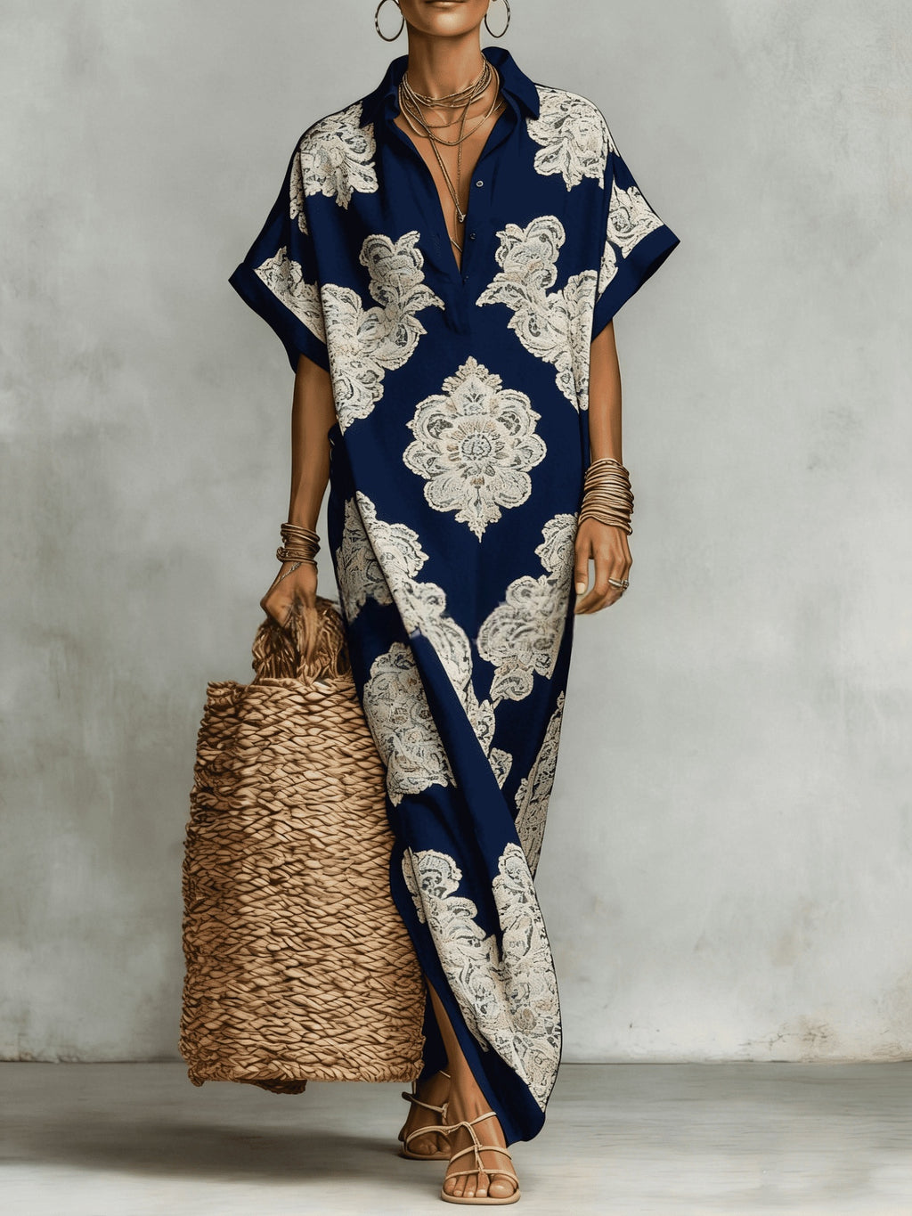 Womens Four-Way Stretch Printed Long Skirt With A Collar