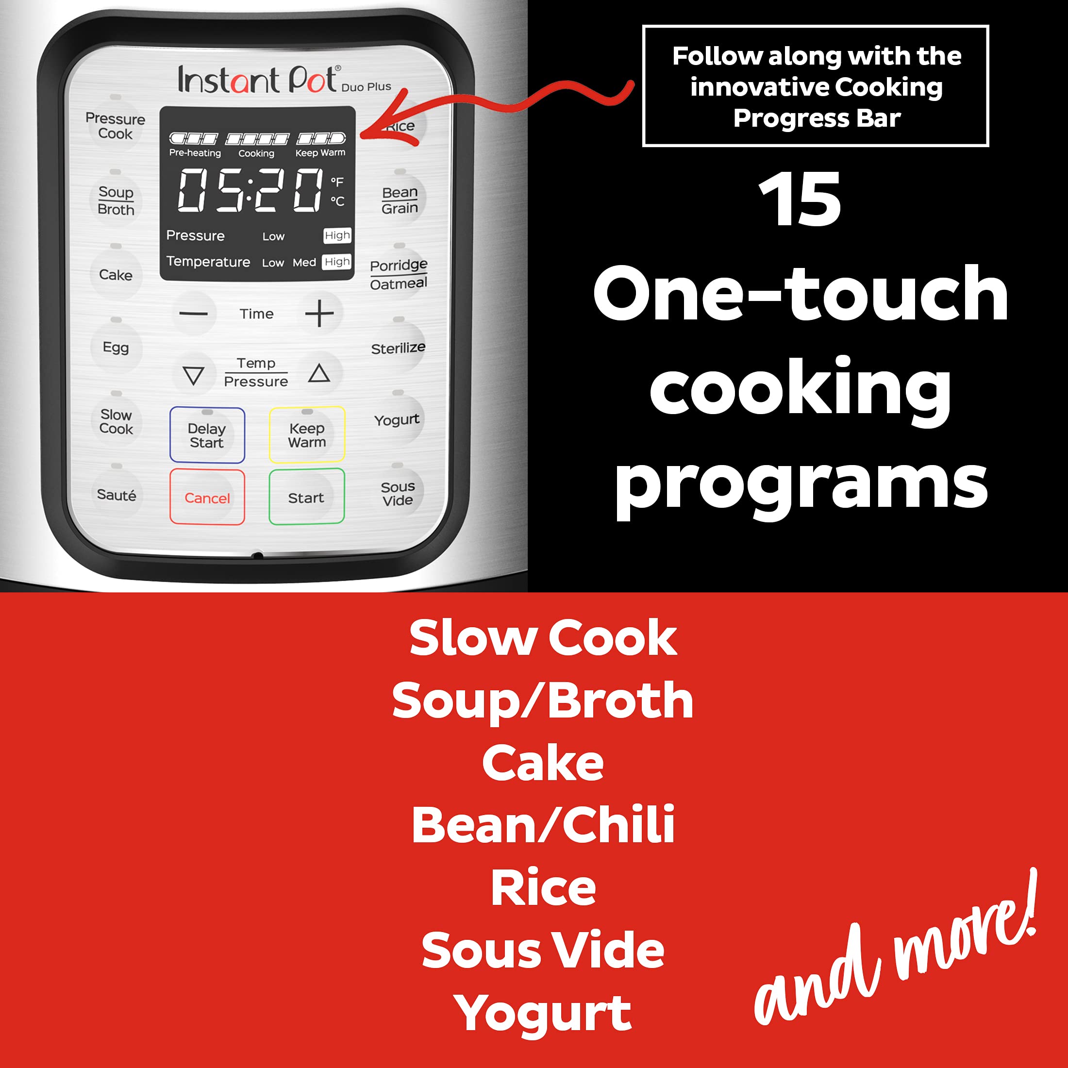 Instant Pot Duo Plus 9-in-1 Multicooker, Pressure Cooker, Slow Cook, Rice Maker, Steamer, Sauté, Yogurt, Warmer & Sterilizer, Includes App with Over 800 Recipes, Stainless Steel, 6 Quarts