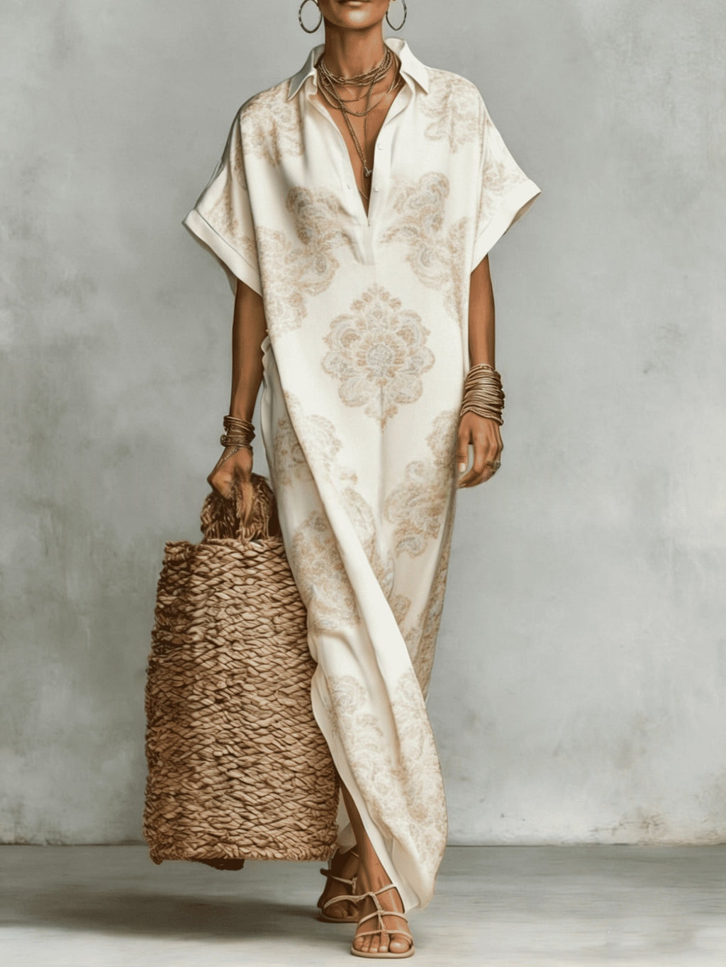 Womens Four-Way Stretch Printed Long Skirt With A Collar